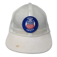 Think Union Pacific Safety Snapback Trucker Hat White One Size Vintage Made USA