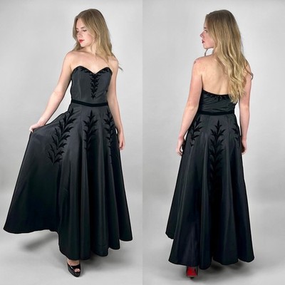 50er Vintage Saks Gothe schwarz trägerlos entbeint Samt Taft Abend Maxikleid
