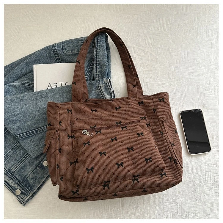 Bolso de Mano Coquette Pana Marrón Estampado de Lazo Cartera de Hombro Gran Capacidad Multi-P Foto 4 de 4