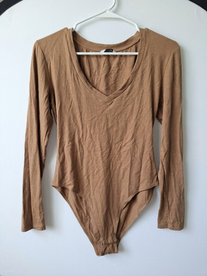 Women's Tan Long Sleeve Bodysuit | Soft Stretch Crew Neck One-Piece Top