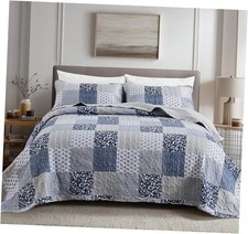 Blue Gray King Size Quilt Set, 3 Piece Quilted Bedspread King 98"x106" Navy