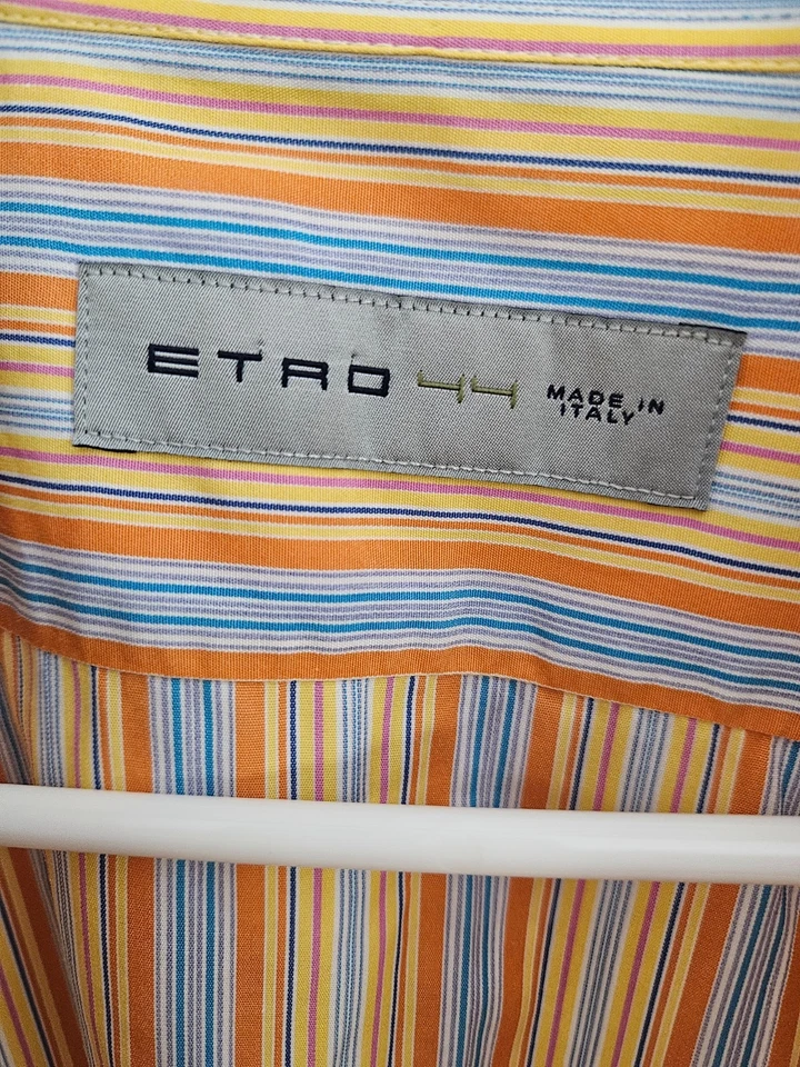 ETRO Made in Italy Shirt Size 44 Orange, white, blue, yellow stripe, long sleeve - Image 2 of 4