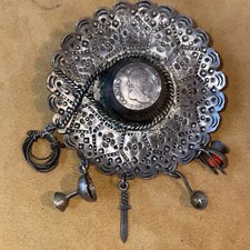 1821 Ferdin VII Coin Vintage Mexican Sombrero brooch with five dangling charms.