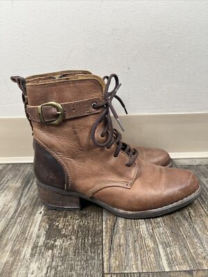 BORN Misty Light Brown Women's Size 7.5 Lace Up Leather Stacked Heel Bootie