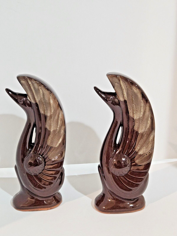 Vintage ~ Red Ware Ceramic ~ 2 Swan Bookends~Brown Glazed~White Accented Wings