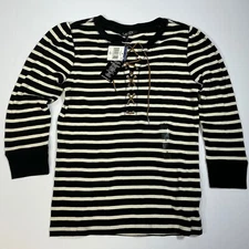 NWT Lauren Ralph Lauren Striped Lace-Up Waffle Knit Top Long Sleeve Black S