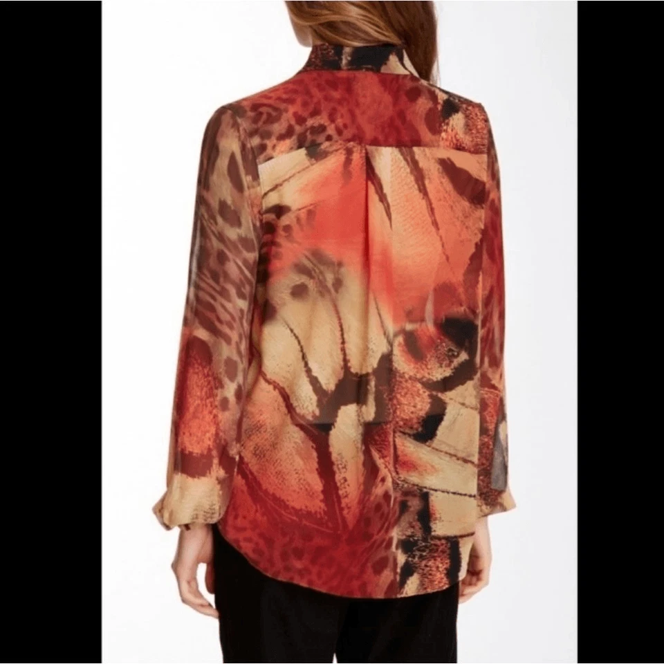 Camisa Blusa Da Nang Roja y Marrón Seda Fluida Con Botones Manga Larga Talla XS Foto 3 de 4