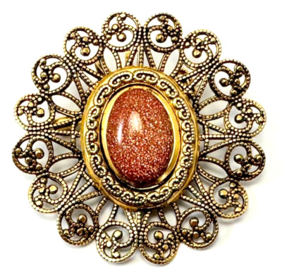 Gold Tone & Red Goldstone Cabochon Stone Brooch /  Pendant Vintage