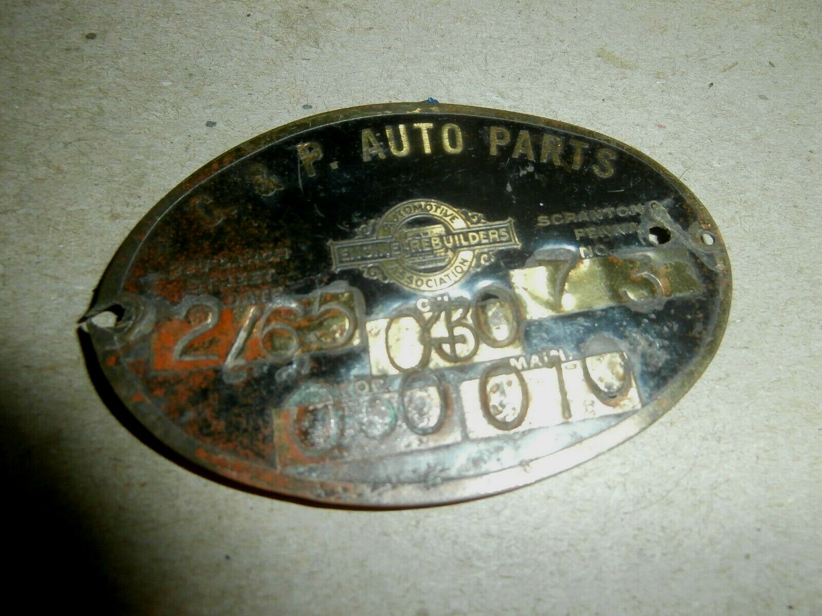 Vintage 1965 Car Engine Brass Tag Plate C & P Auto Parts Scranton PA eBay