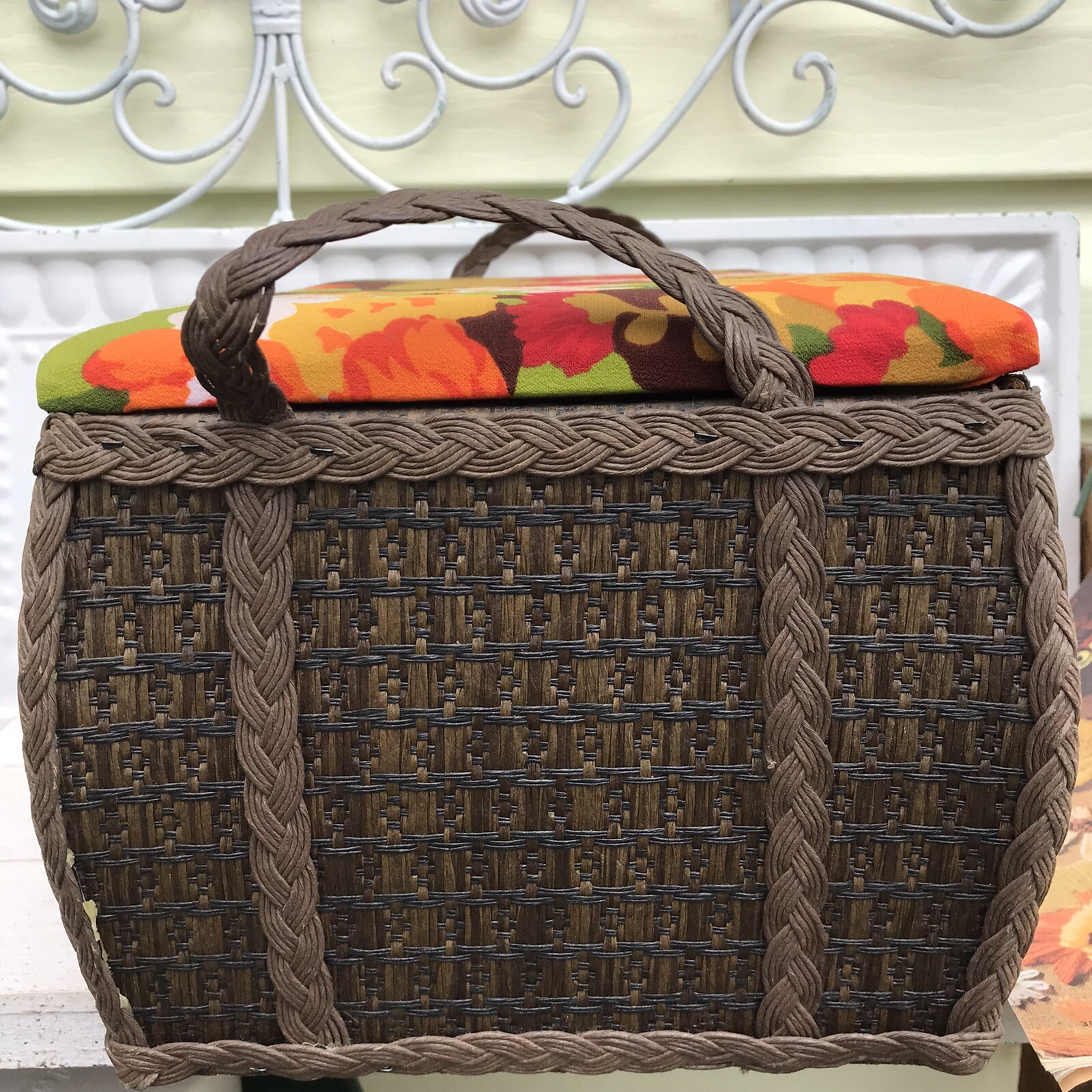 Vtg MCM Groovy 70s Orange Yellow Floral Wicker Storage Sewing Basket w Craft Bk