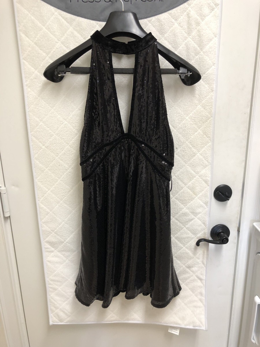 Free People Film Nior Sequin Velvet Plunge V-Neck Open Back Mini Dress  Black S 4 | eBay
