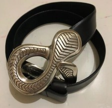Chicos Blk Leather Belt silver tone swirl clasp classic staple S adjust to 32  