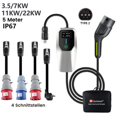 EV Ladegerät Elektroautos Strom Wallbox Typ2 1/3 Phase EU Adapter 3.5-22KW 6-32A
