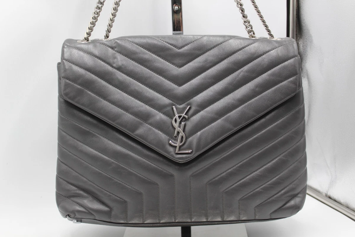 With COA Saint Laurent Sheepskin Matelasse Chevron Monogram Large Satchel,  Grey