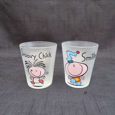 Vintage Y2K Carlton Karten Groovy Chick & Smile Kaugummi Schnapsgläser 2er Set