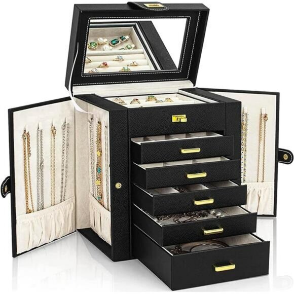 Large Jewelry Box Organizer Storage Display Black Leather Bag Case w Big Mirror