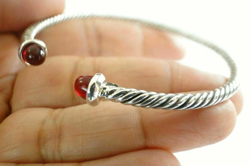 Red Garnet Ornate Balinese 925 Sterling Silver Cuff Bangle Bracelet - Image 4 of 4