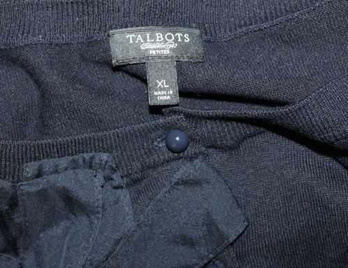 Talbots Sz XLP P XL Dark Navy Floral Rosette Silk Knit Fine Cardigan Sweater - Picture 7 of 9