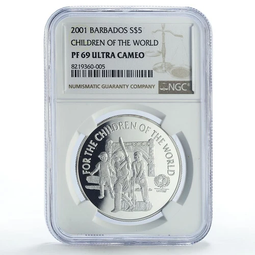 Barbados 5 dollars UNICEF Save the Children Child Year PF69 NGC silver coin 2001