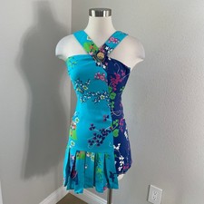 Versace H&M Womens 2 Blue Floral 100% Silk Mini Dress Pleated Gold Button