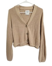 Abercrombie Fitch Ribbed Button Front Cardigan Sweater Tan Beige S Cropped Boxy