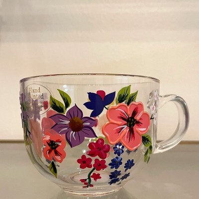 Set of 2 Hand Painted Clear Glass Mugs Pop of Color Floral New