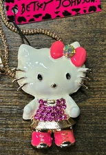 Betsey Johnson White & Pink Enamel & Crystal Hello Kitty Cat Sweater Necklace