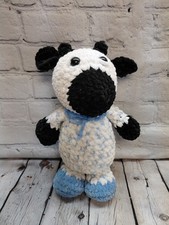 Handmade Crochet Cow Plush Amigurumi Black White Blue Stuffed Animal 10.5"