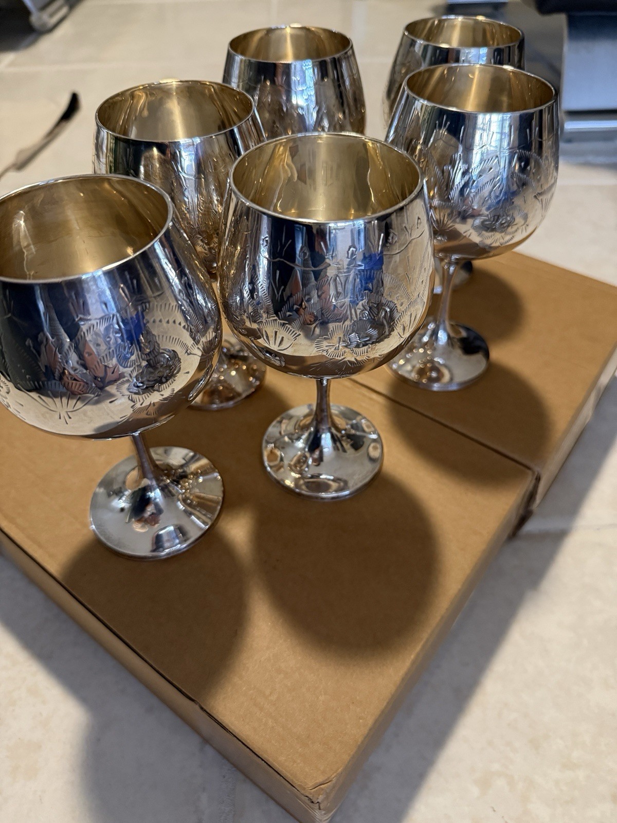Israel Vintage Wine Goblets Set Of 6 Edged Silverplate Marked 925 6” Tall