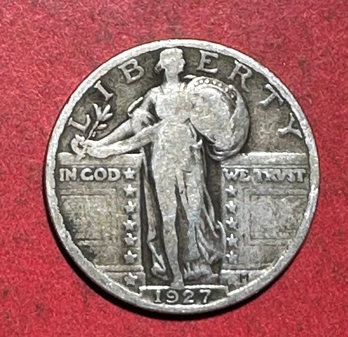 1927 US Standing Liberty SILVER Quarter! "Philadelphia" Mint! VG! Old US Coin!