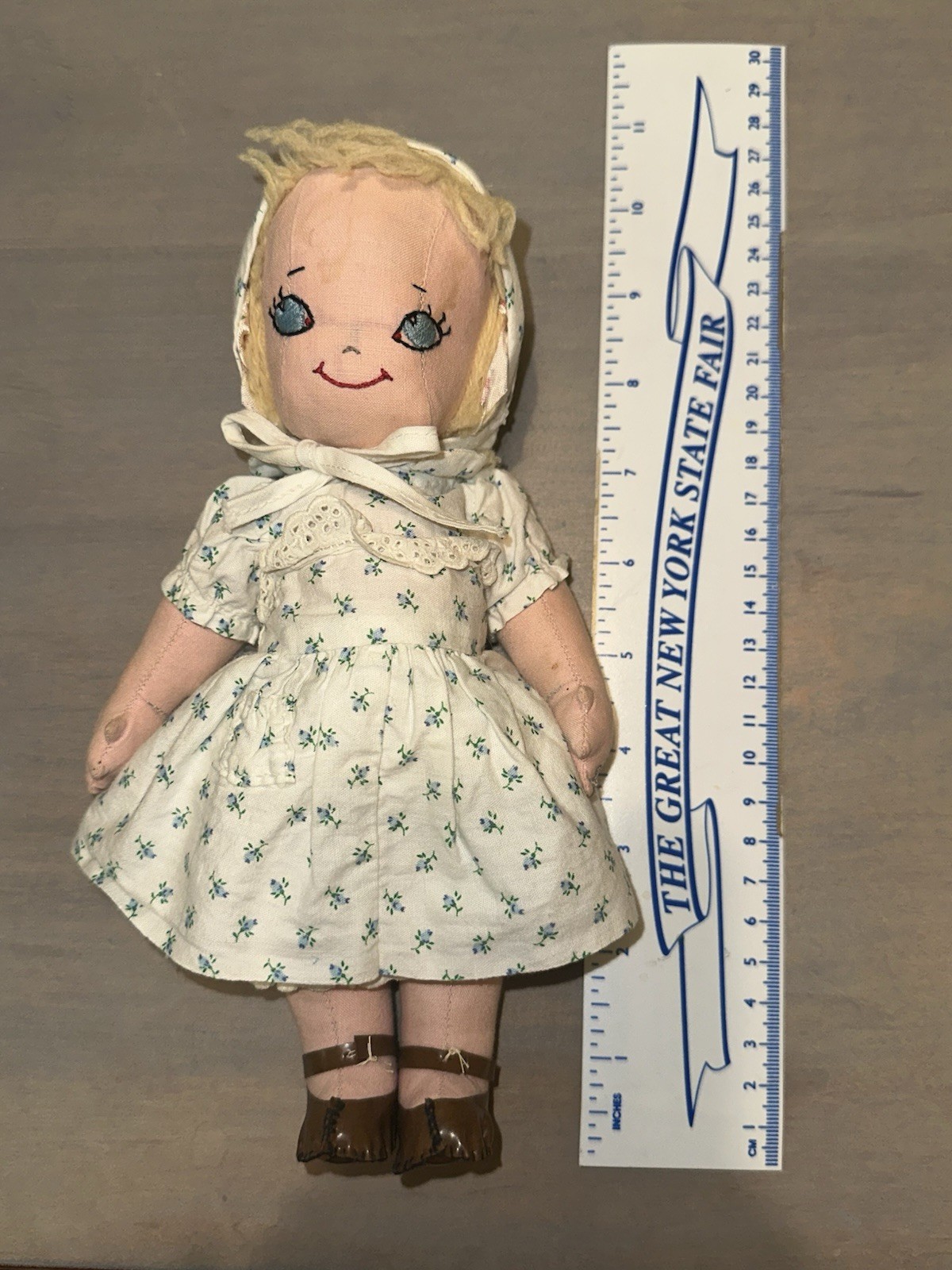 Charming Vintage 1950 Hand Made Cloth Doll, Jointed, Embroidered, Full Outfit
