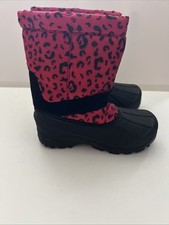 Girls Winter Snow Boots Pink Black Leopard Animal Youth Sz 2 Hook Loop Slip On