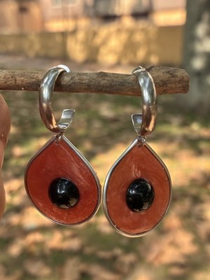 Tree of Life Earrings Stainless Steel Terracotta Resin Black Agate Handmade