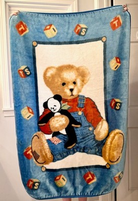 Vintage Blue Jean Teddy Bear luxury Plush Fleece Baby Blanket Panda Blocks EUC
