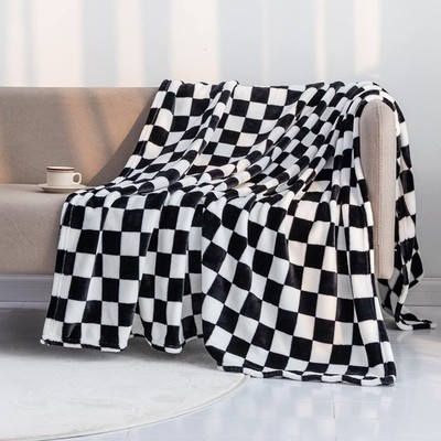 LOMAO Throw Blankets Flannel Blanket with Checkerboard Grid 50''x60'', Black 