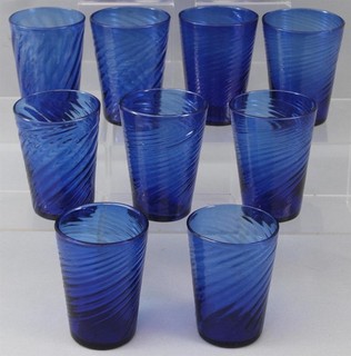 9 Vintage Mexican Hand Blown Cobalt Blue Swirl Glass Tumbler Drinking Glasses NR