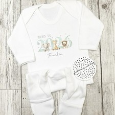 Born in 2026 personalised sleepsuit, Babygrow, Romper, Jungle Animals Baby gift