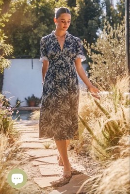 NWT Current Air Eyelet Flutter Sleeve Midi Dress Navy Blue White Embroidered Med