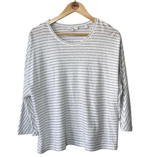 Vince Tee Horizontal Stripe Scoop Neck Loose Boxy 3/4 Sleeve White Size Medium