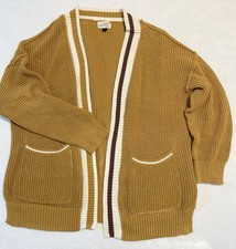Universal Thread Cardigan Pockets Women s L Mustard Brown Strip Cozy Casual