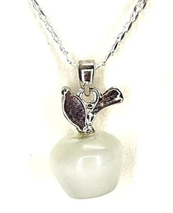 Authentic White Apple Pendant Necklace Cat Eye Stone, 18K White Gold Plated on Silver