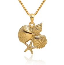 14K Solid Yellow Gold Shell Starfish Necklace