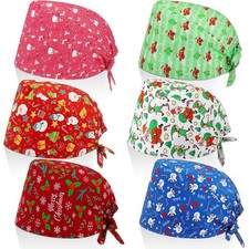 Christmas Bouffant Scrub Cap For Women With Buttons Adjustable Hat 6 PCS