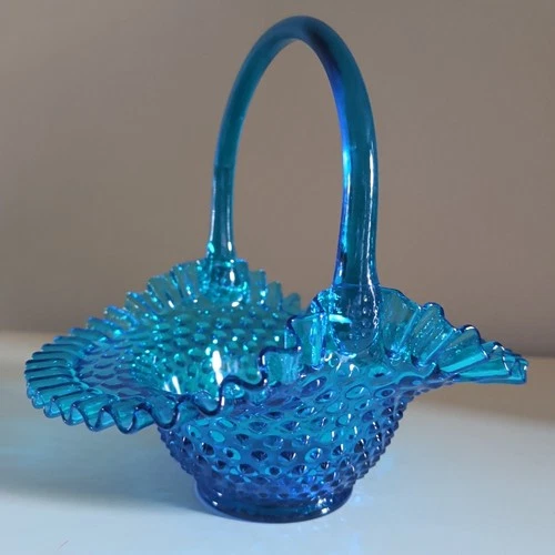 Rare, Vintage Fenton Glass Bridal Basket, Large, Hobnail, Colonial Blue,