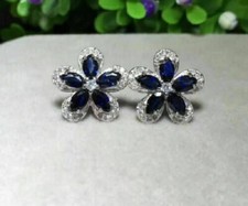 2Ct Lab Created Blue Sapphire Flower Halo Stud Earrings 14K White Gold Finish