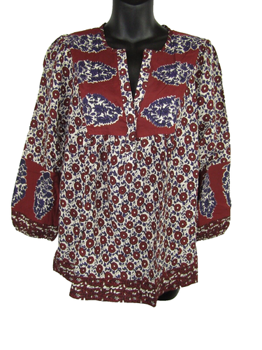 Lucky Brand Red Purple Multi Peasant Blouse Top Small 3/4 Sleeve V Neck - Picture 2 of 8