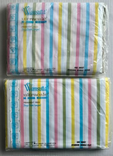 LOTS 2 VTG Wamsutta Pastel Stripe Standard Double Flat/Fitted Sheets 180 TC NEW