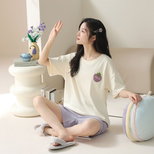 Women Cute Pajama Set Short Sleeve Crew Neck Shorts Summer Cartoon 2 Piece Pjs - Picture 83 of 92