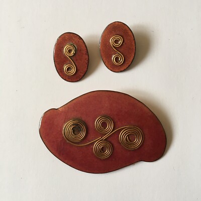 FABELHAFTES HANDGEFERTIGTES KUPFER METALL EMAILLE SCHMUCKSET OHRCLIPS & BROSCHE
