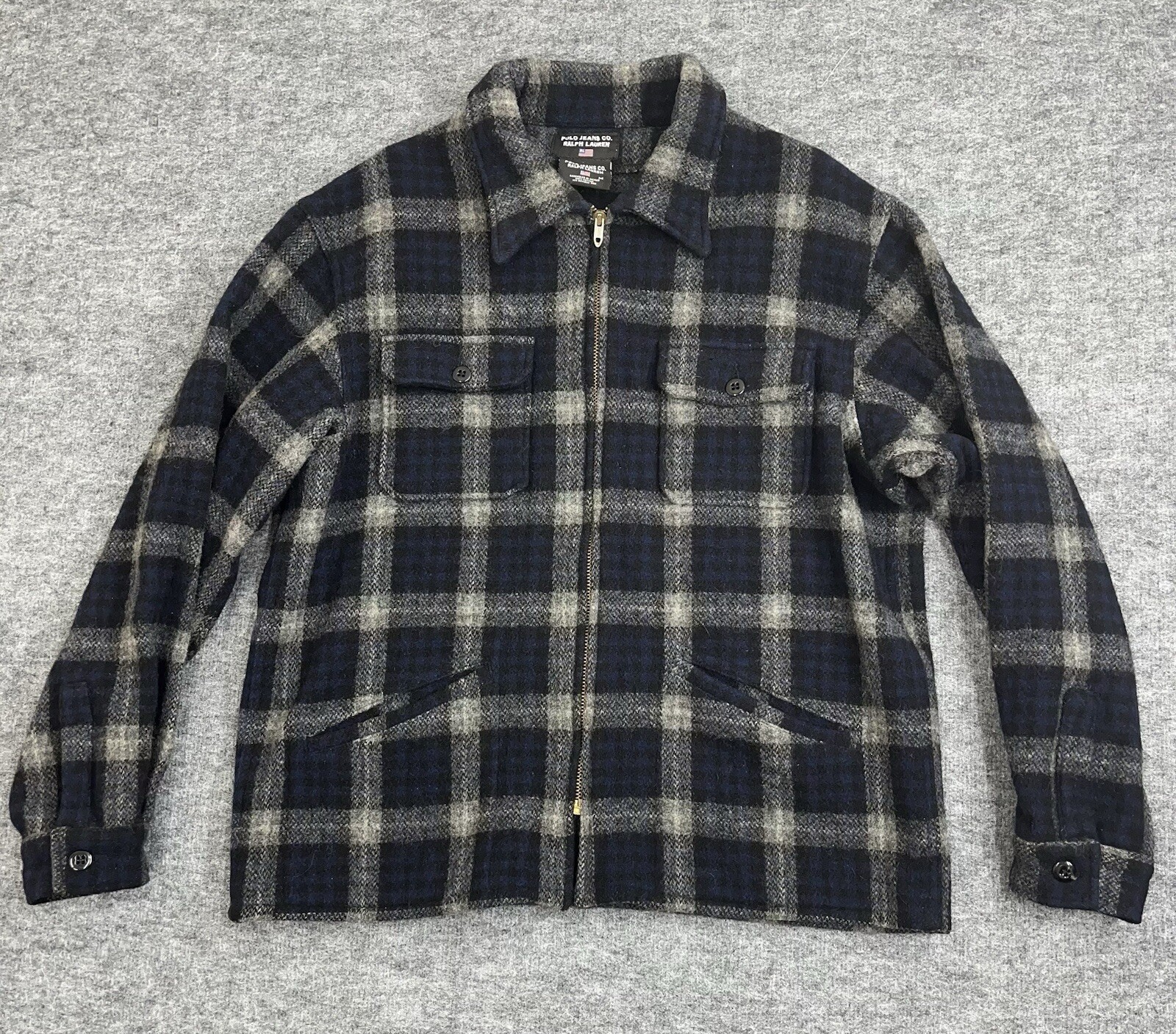 Vintage Ralph Lauren Polo Jeans Flannel Plaid Shacket Jacket Gray Black Medium